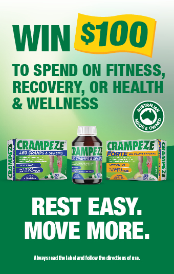 Crampeze giveaway banner displaying $100 prize message with three Crampeze products on a green background