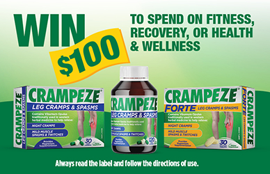 Mobile image showing Crampeze products with a $100 prize message and green background
