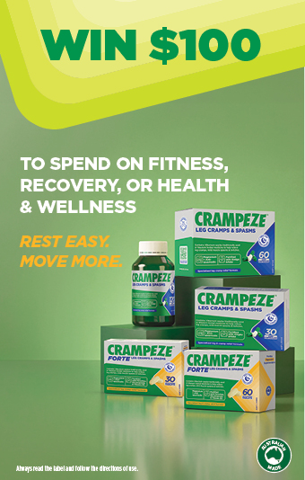 Crampeze competition banner featuring Crampeze Leg Cramps & Spasms and Crampeze Forte products on green display blocks with the headline "WIN $100" and text "TO SPEND ON FITNESS, RECOVERY, OR HEALTH & WELLNESS". The banner also includes the message "REST EASY. MOVE MORE." and an Australian Made logo.