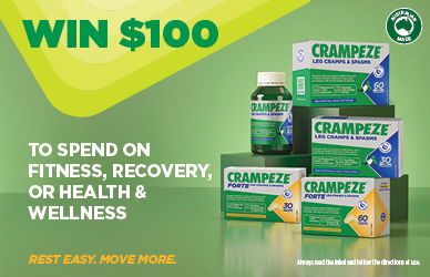 Crampeze competition banner displaying Crampeze Leg Cramps & Spasms and Crampeze Forte products with the headline "WIN $100" and text "TO SPEND ON FITNESS, RECOVERY, OR HEALTH & WELLNESS". The banner includes the message "REST EASY. MOVE MORE." and an Australian Made logo.